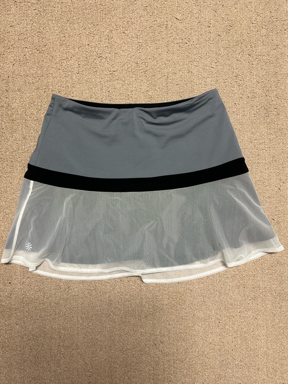 Athleta Gray Skater Skirt with Black Waistband and White Mesh Hem